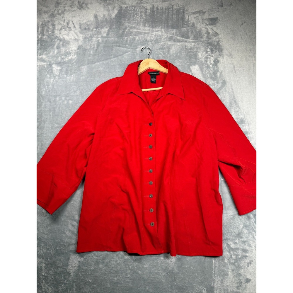 Maggie Barnes Shirt Womens 3X Red Stretch Casual Side Slit Long Sleeve Button Up